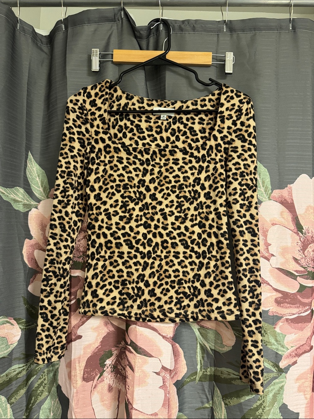 Leopard Print Square Neck Long Sleeve Top - Beige/Black